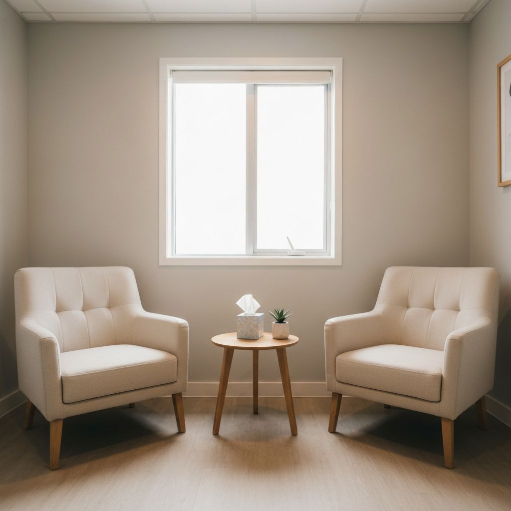 Comfortable counselling therapy room with two armchairs in a calm, professional setting